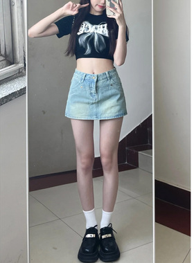 JC浅蓝色复古美式辣妹牛仔短裙女梨型身材小个子a字包臀半身短裙