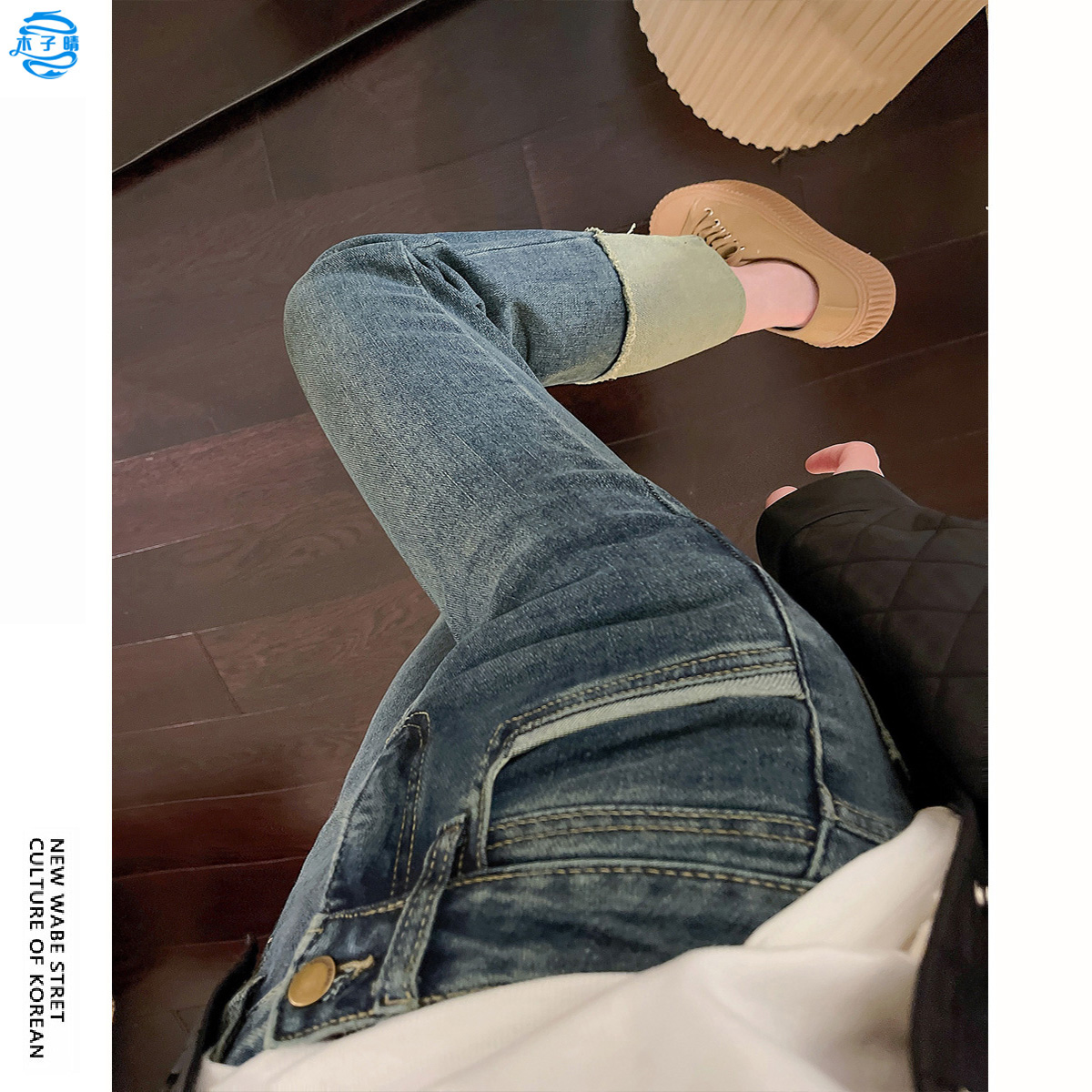 秋冬新款拼接法棍牛仔裤子