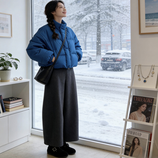 克兰因蓝韩系穿搭加绒加厚羽绒棉服女小个子时尚高级感面包服外套