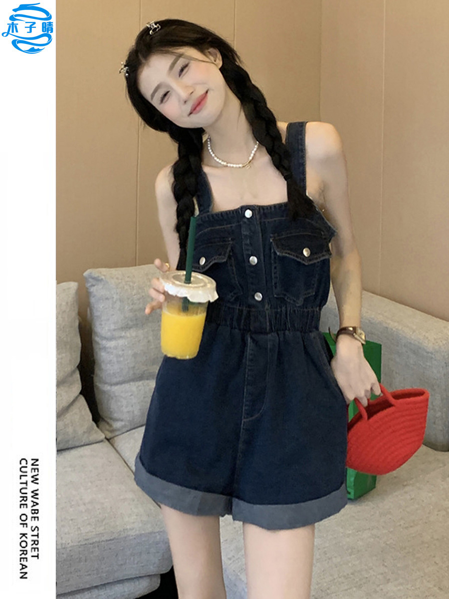 网红收腰工装牛仔背带裤女夏款2023新款韩版大码显瘦连体短裤套装
