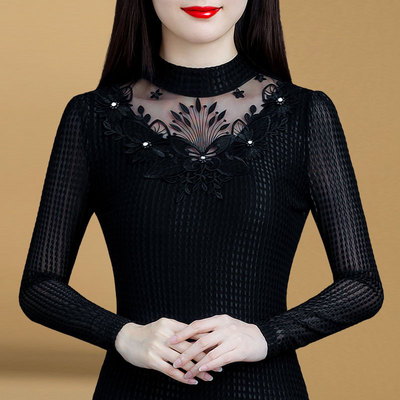 黑色蕾丝打底衫女秋冬洋气网纱小衫2025新款加绒长袖t恤内搭1203e