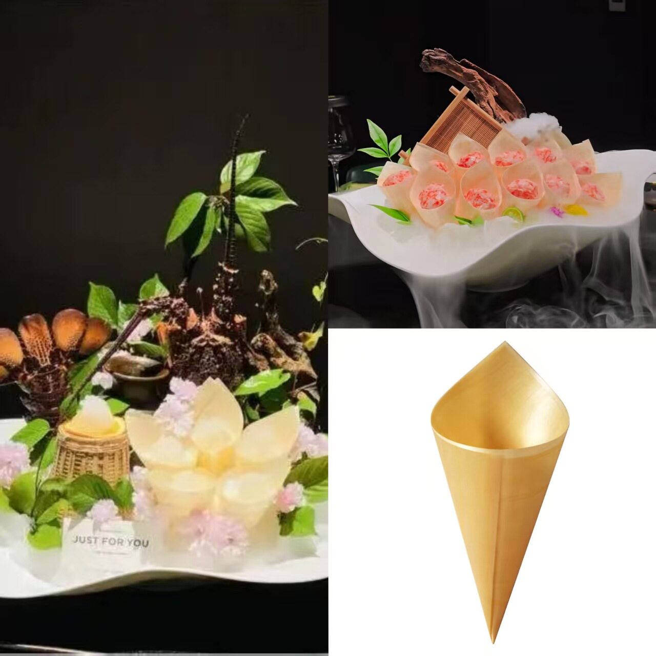 刺身摆盘装饰一次性木皮船牛角杯澳龙三文鱼海鲜姿造菜品创意摆件图片