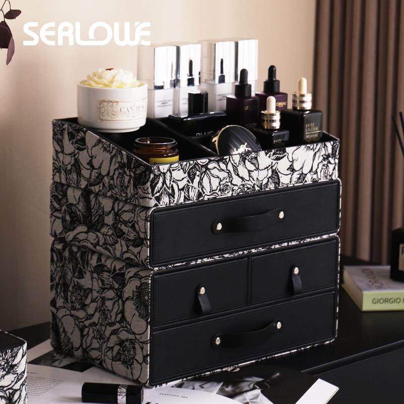 提花布艺中古风化妆品收纳盒桌面高级感家用大容量皮革首饰置物架