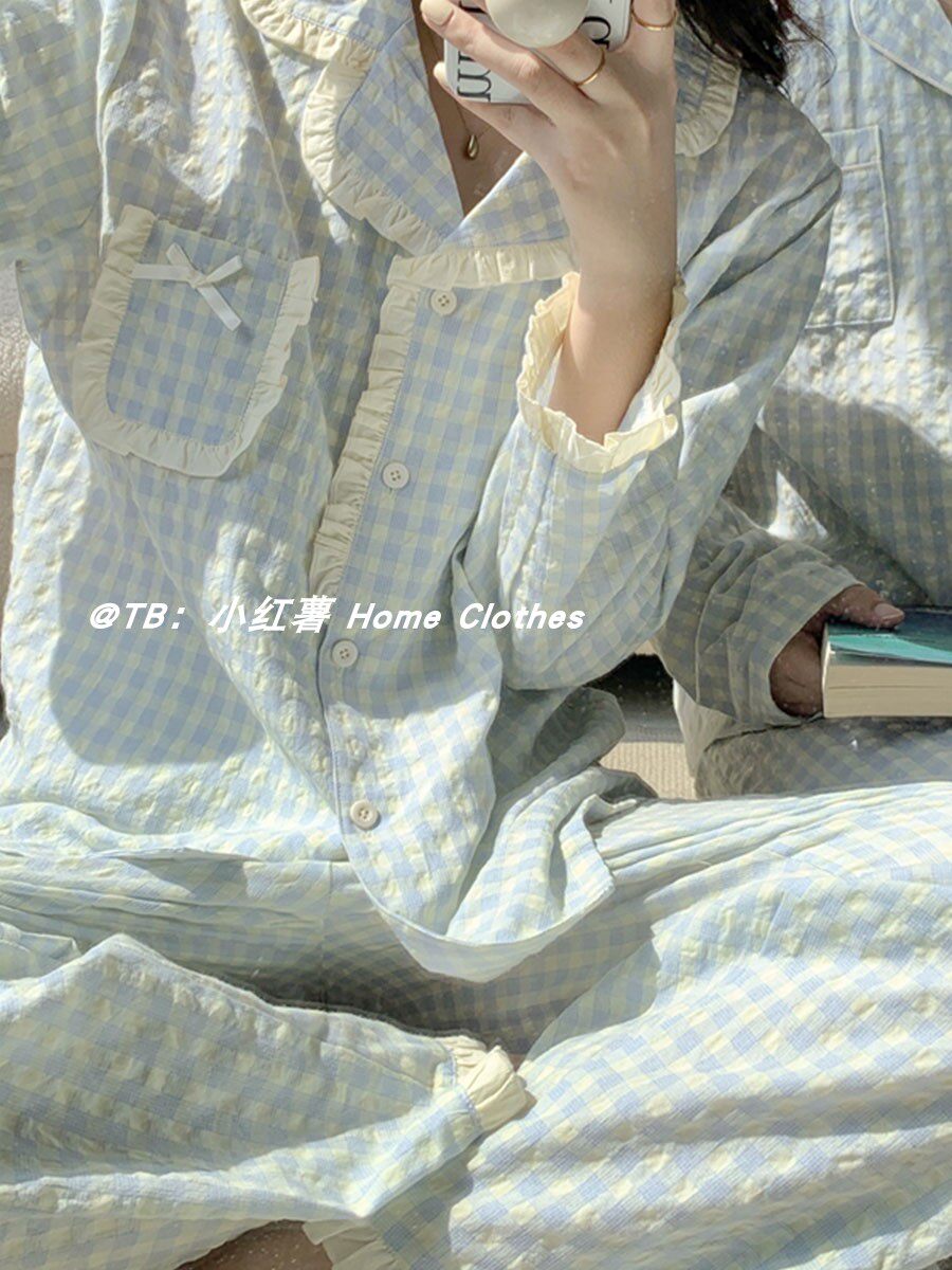여성 봄 가을 긴팔 바지 인터넷 연예인을 위한 한국어 INS 달콤한 간단한 격자 무늬 잠옷은 집 밖에서 입을 수 있습니다 옷 세트