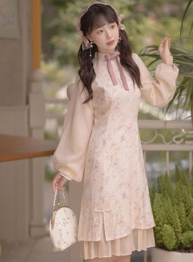 特价不退油画少女新中式旗袍汉元素可爱少女盘扣连衣裙秋冬