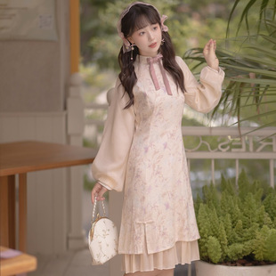 特价不退油画少女新中式旗袍汉元素可爱少女盘扣连衣裙秋冬