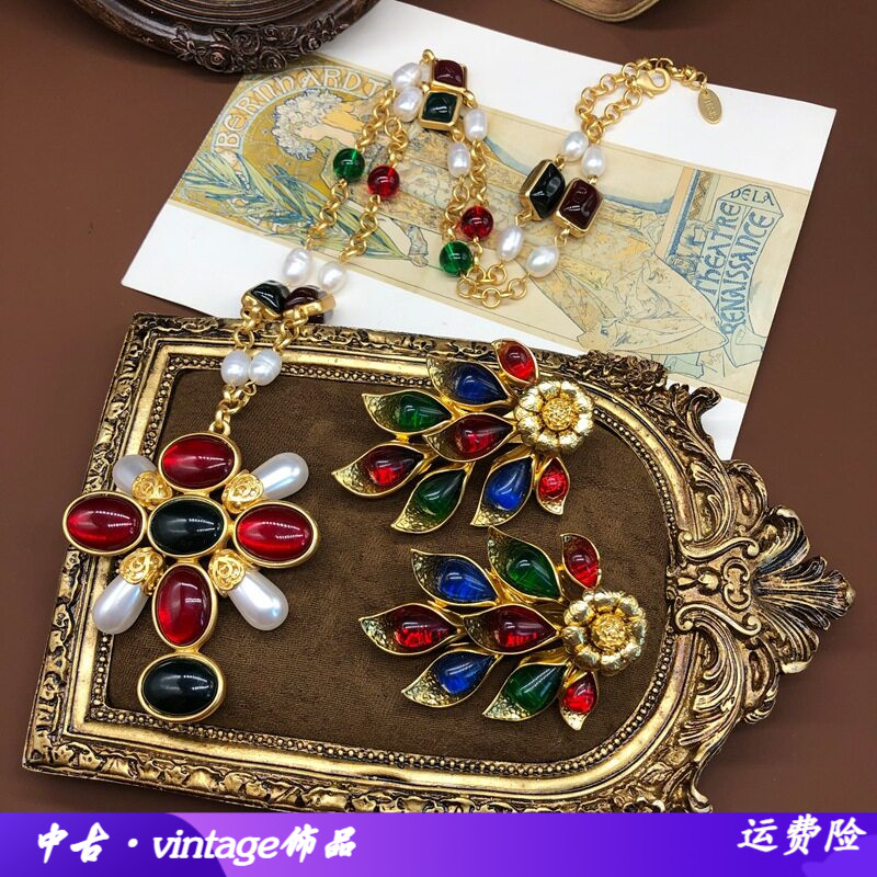 中古宫廷风设计感吊坠项链彩色琉