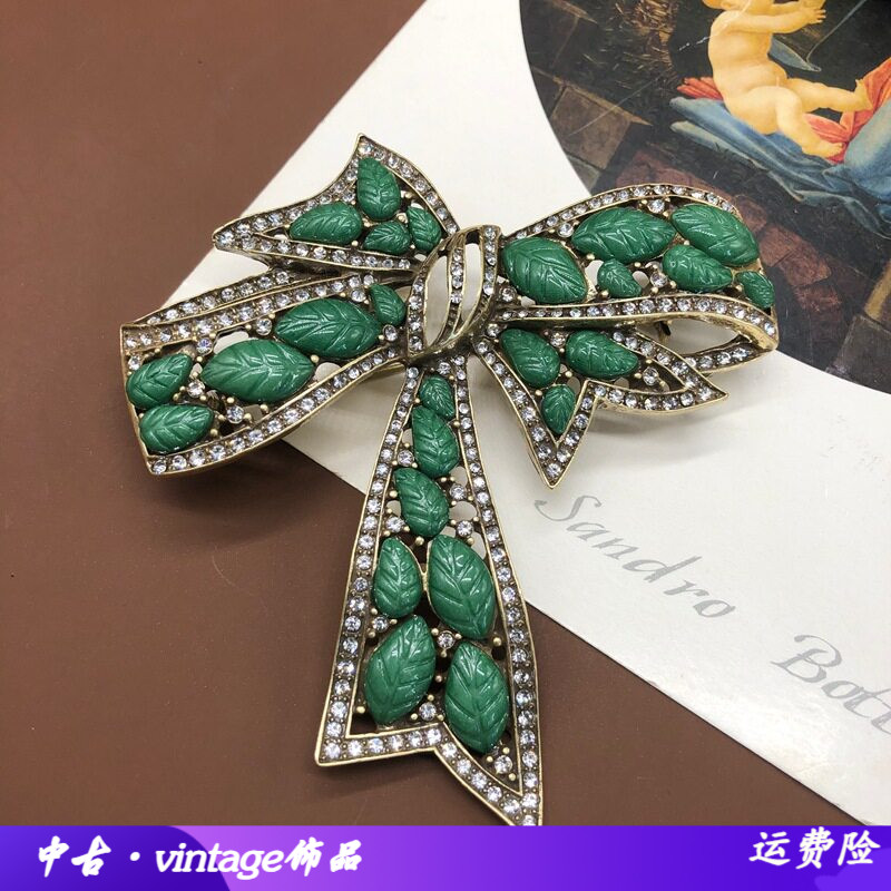 中古复古做旧绿色蝴蝶结树叶果冻树脂胸针镶钻设计感配饰气质胸针