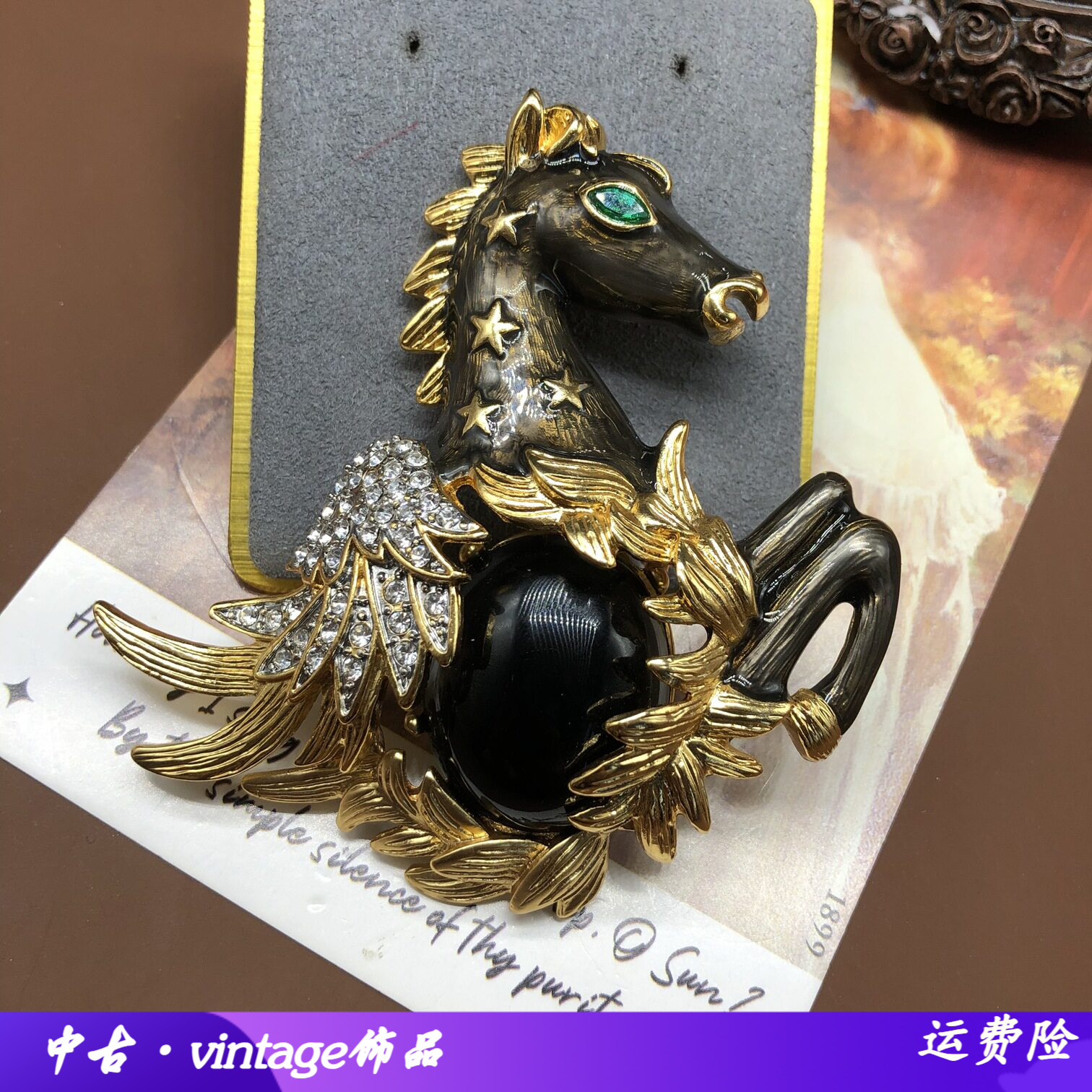 vintage复古设计黑色珐琅马头胸