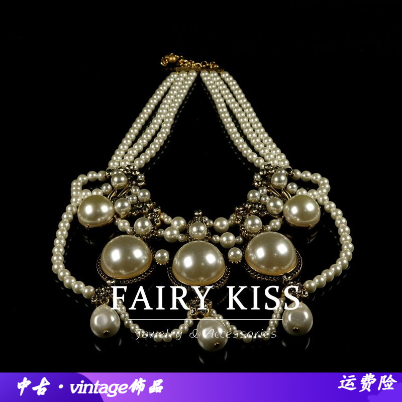 vintage重工复古项链多层珍珠链
