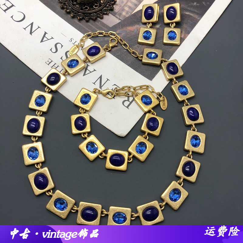 西洋中古饰品轻奢做旧金镶钻青金