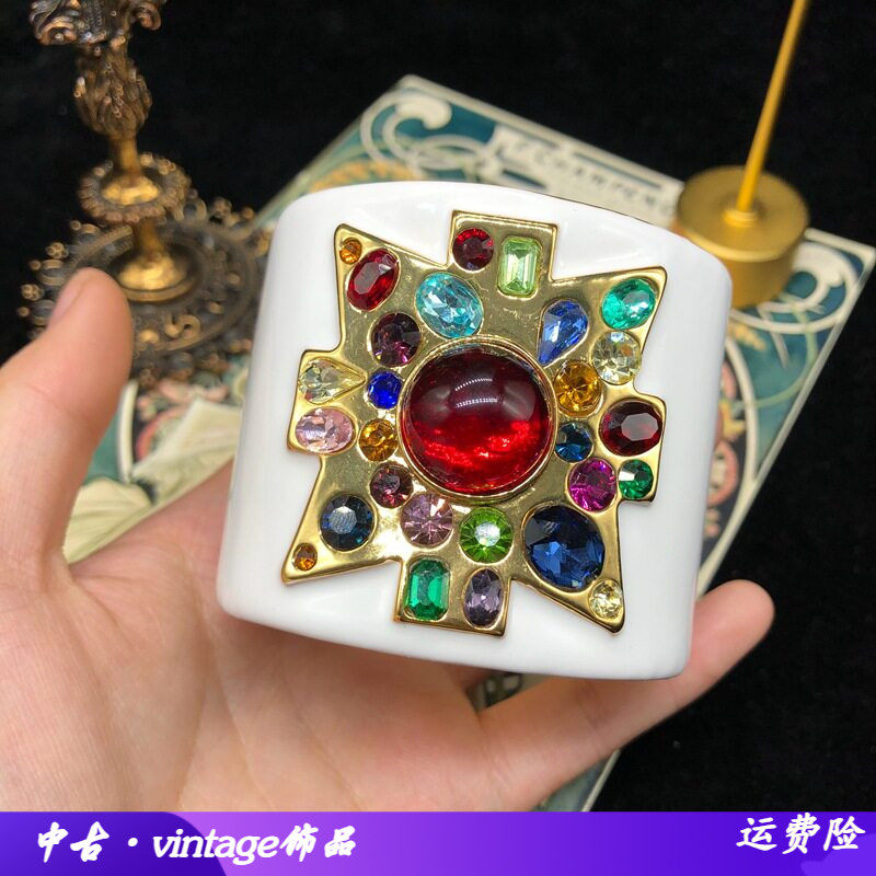 欧美重工西洋中古白色珐琅釉红宝