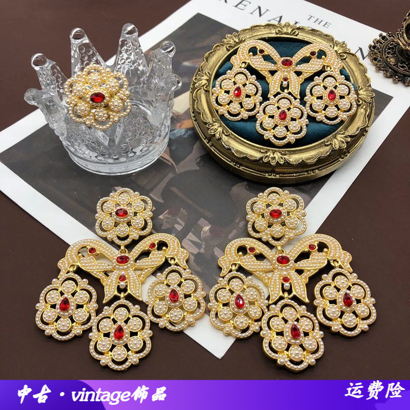 复古宫廷镀真金红宝石小米珠耳钉花朵蝴蝶结戒指胸针套装厂家现货