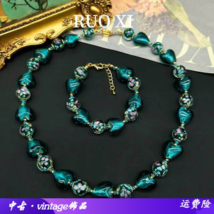 西洋中古vintage意大利老琉璃复古爱心古董穆拉诺欧泊琉璃项链