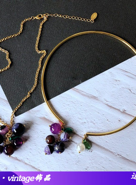 优雅电镀真金项圈颈链紫色石头圆
