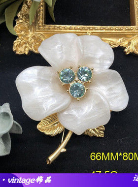 田园风耳饰别针白色花朵镶蓝宝石中古风镀真金耳钉耳夹胸针套装
