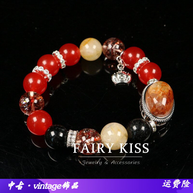 中古新款精致红胶花水晶石头弹力