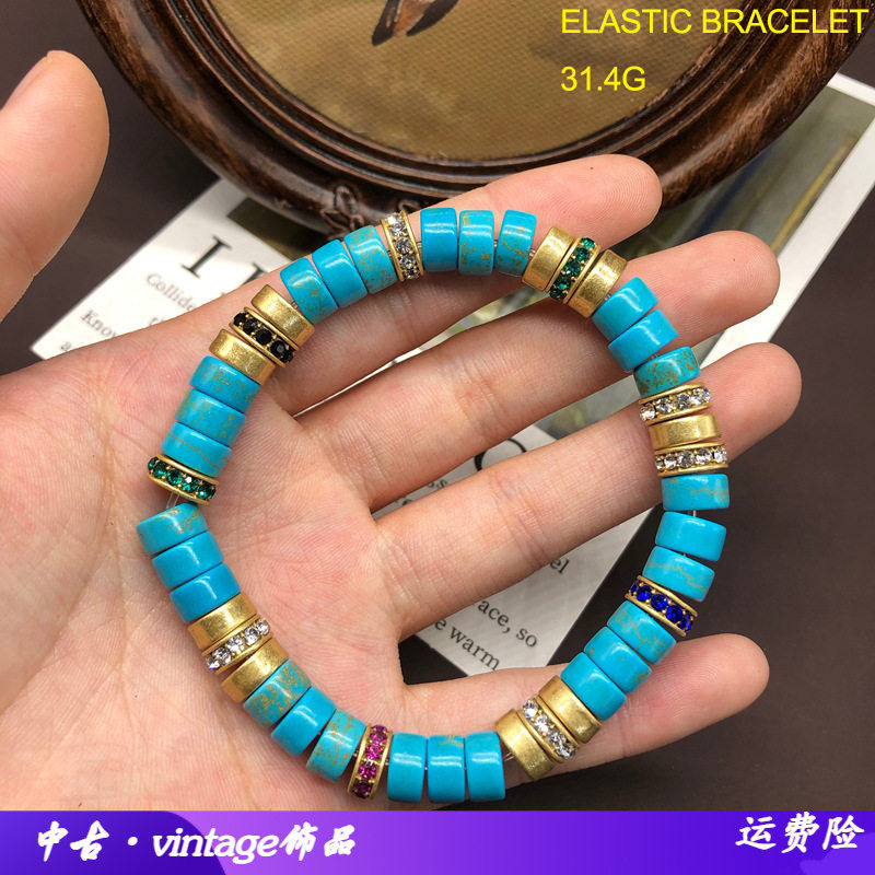 复古风手链波西亚设计感算盘珠绿松石串珠弹力绳手串镶钻手环