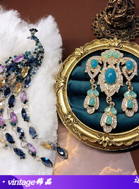 厂家现货欧美重工孔雀凤冠流苏胸针彩蓝色宝石钻优雅气质胸针别针