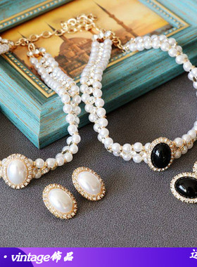 西洋珍珠项链白色黑色赫本风仿珍珠项链银针耳钉套装旗袍礼服