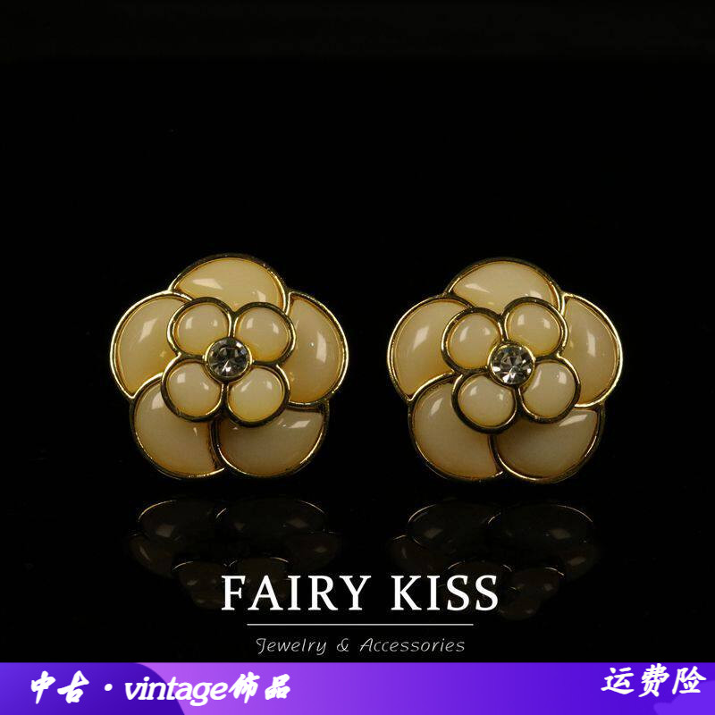 中古精致清新石头山茶花百搭耳夹
