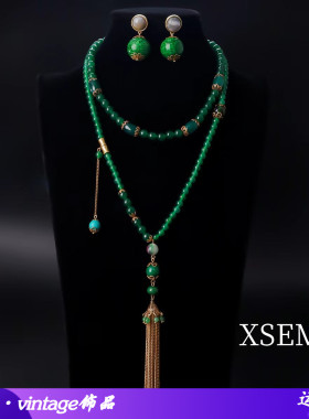 XSEMEI新款绿色玛瑙中式长项链