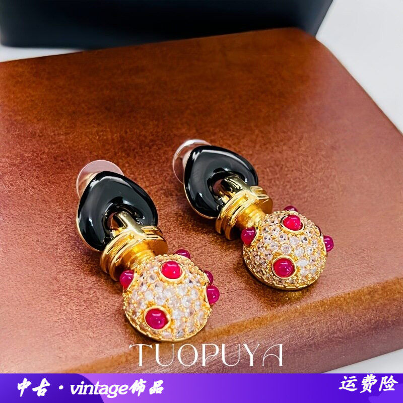 法式复古重工满钻红宝吊坠耳环中