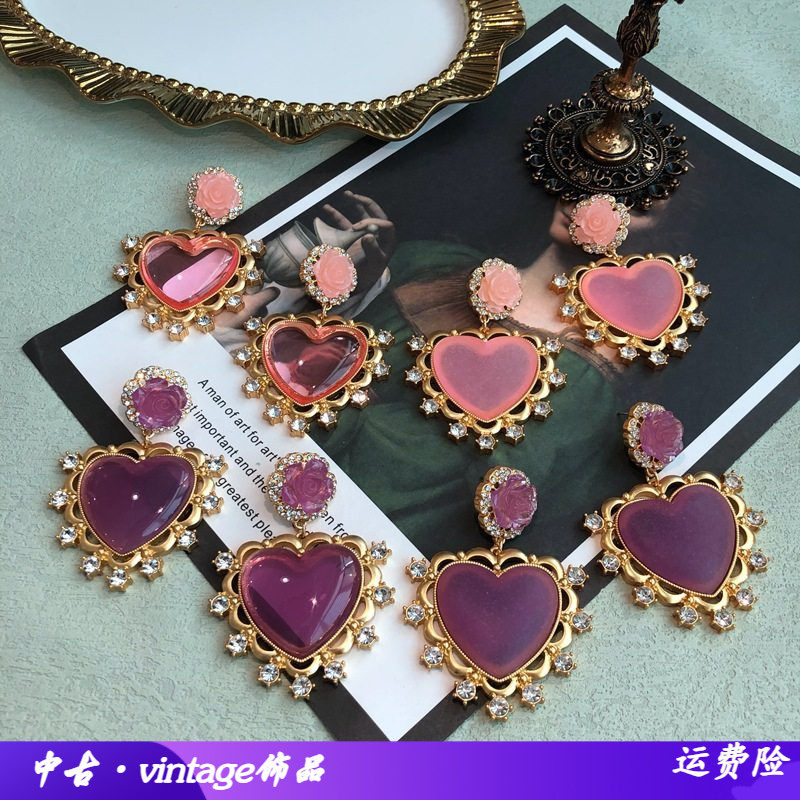 电镀真金西洋中古粉紫色爱心耳钉耳夹花朵精美宝石钻优雅扫肩耳饰