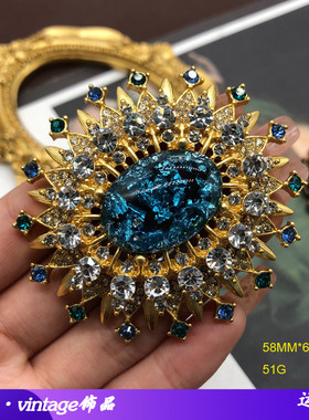 中古vin'tage蓝色飘花树脂琉璃优雅胸针镶钻太阳花轻奢法式别针