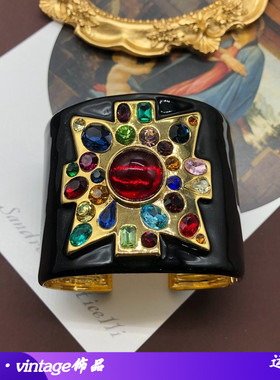 西洋中古重工黑色珐琅釉红宝石弹簧开口手环镶钻琉璃手镯