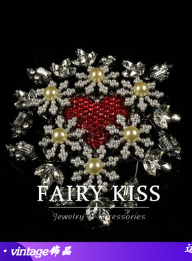 中古新款奢华雪花红色爱心镶嵌珍珠锆石米粒珠精美胸花大气胸针