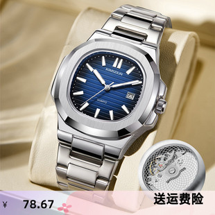 新款 金诗顿品牌假机械手表男士时尚钢带日历夜光镂空透底石英表