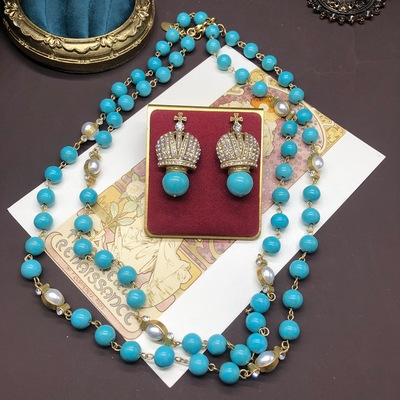 复古时尚长款绿松石做旧金毛衣链