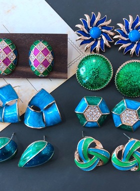 厂家神秘天蓝色绿色珐琅釉系列中古着银针耳钉彩色宝石钻耳饰