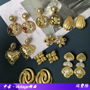 新款 复古珍珠宝石钻素金银针耳钉耳夹饰品女 欧美网红电镀真金法式