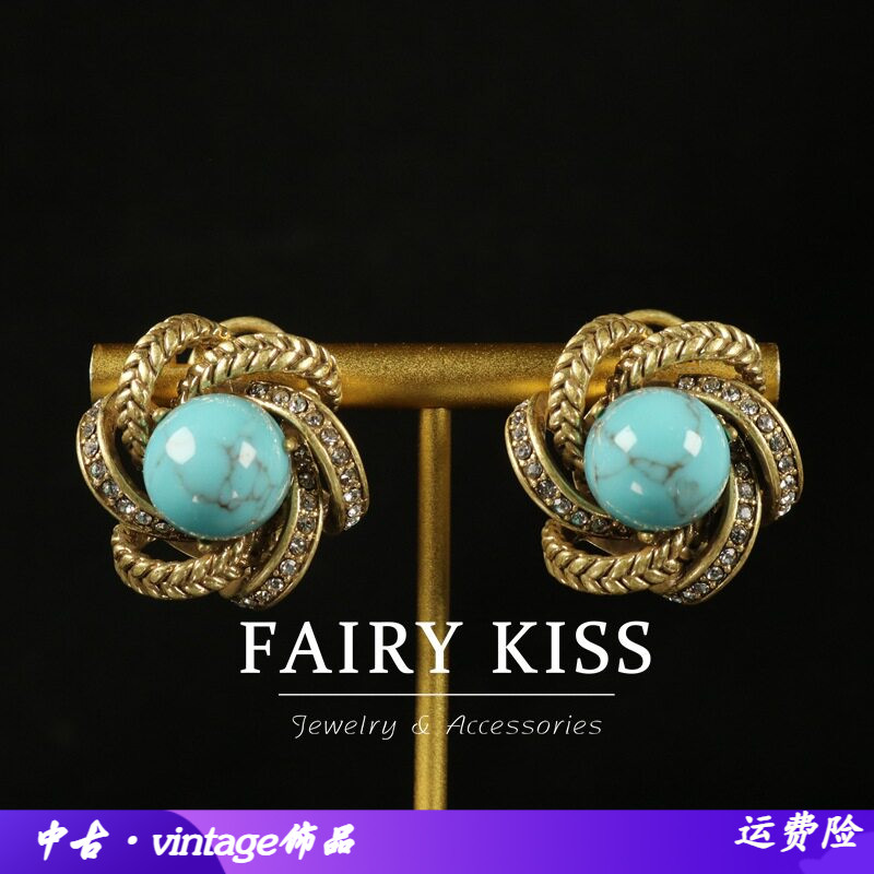 西洋中古耳钉做旧复古绿松石镶钻