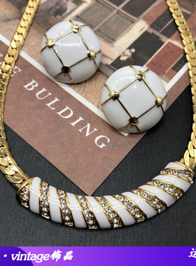 复古经典白色珐琅釉耳钉项链镀真