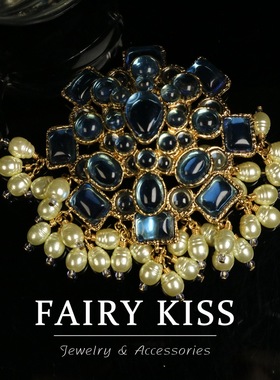 中古重工胸针金属配饰大气胸饰淡蓝色法式珍珠坠经典时尚女式饰品