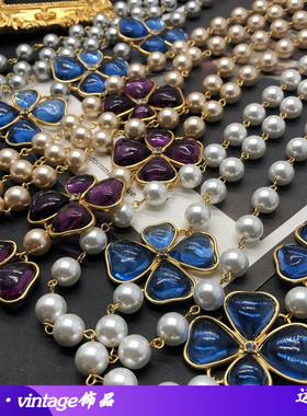 vintage项链琉璃珍珠毛衣链四叶