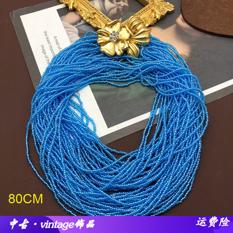 西洋蓝色小珠颈链镶钻花朵多层珠