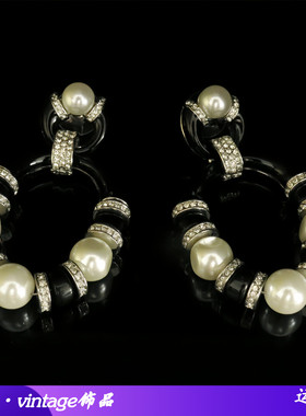 vintage宫廷风镶珍珠优雅耳钉手工珐琅黑色高级感银针耳环