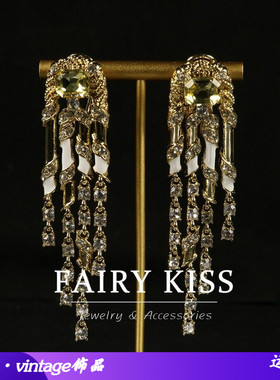 中古vintage白色珐琅长款流苏镶钻镀真金时尚女气质法式百搭耳环