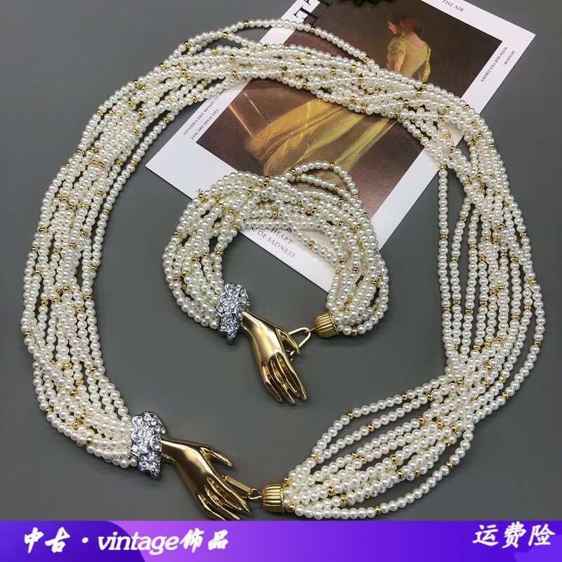 法式复古毛衣链多层珍珠手扣气质