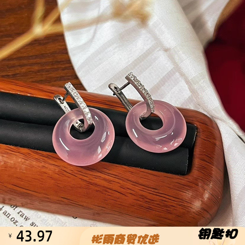 原创设计粉紫色天然玉髓怀古耳环