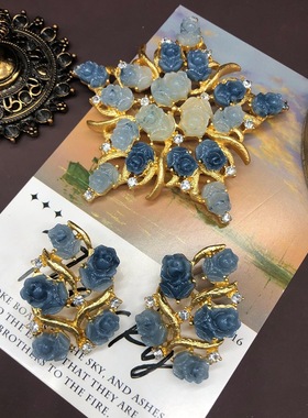 西洋中饰品套装渐变蓝色立体玫瑰花胸针耳钉耳夹外套别针百搭