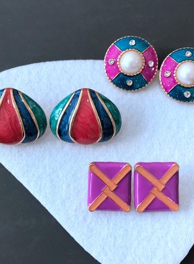 复古时尚紫蓝色珐琅釉珍珠银针耳钉彩色闪光粉耳针饰品女