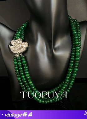 复古风手工串珠绿色多层颈链莱茵