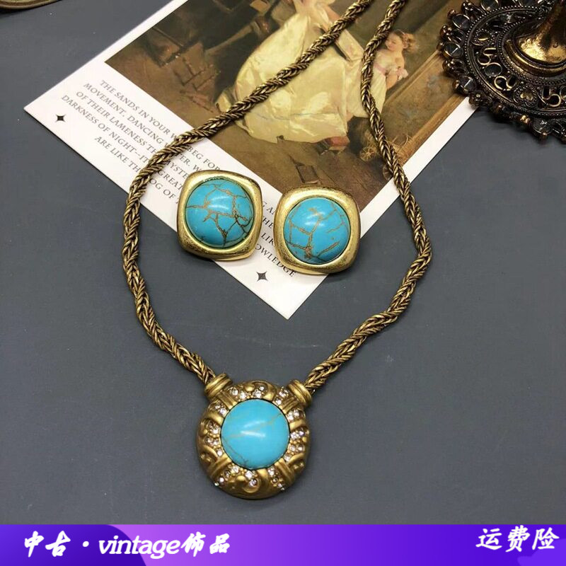 绿松石镶钻铜链条项链耳钉做旧金