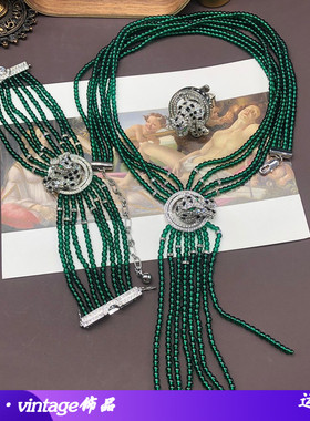 优雅复古多层绿色琉璃珠串珠立体豹子铜材质项链手链戒指套装百搭