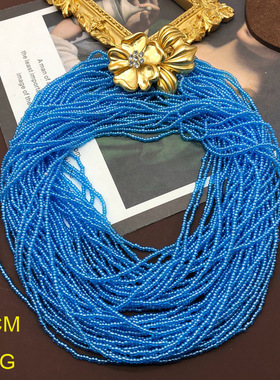 西洋蓝色小米珠颈链镶钻花朵多层珠子开关项链吊坠毛衣链